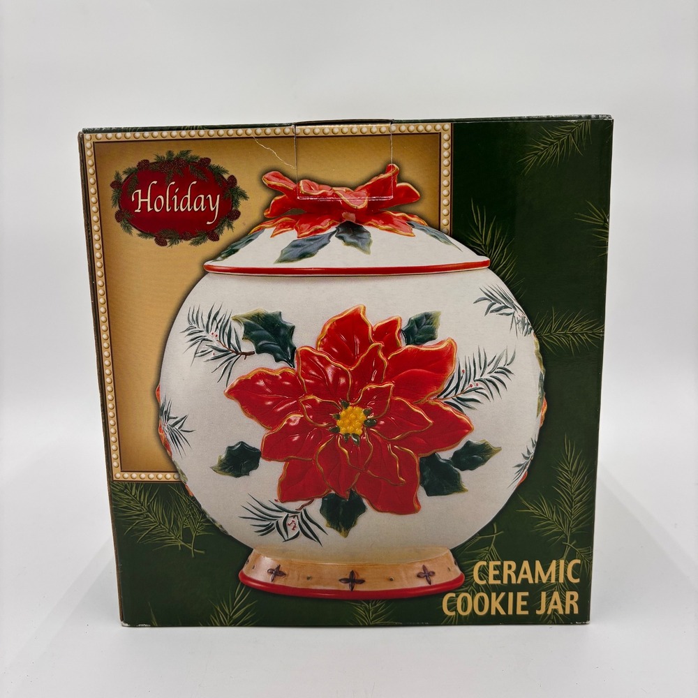 Poinsettia Holiday Ceramic Cookie Jar White Excellent Christmas Decor